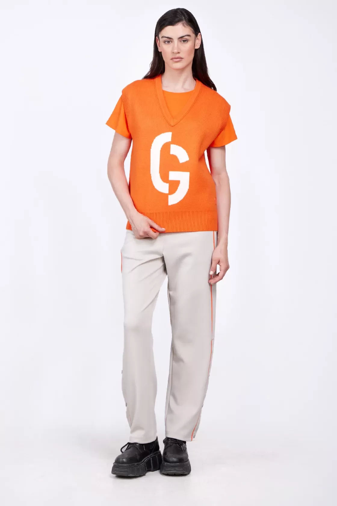 Pull En Maille Col V Sans Manches Alba Orange*Gertrude Store